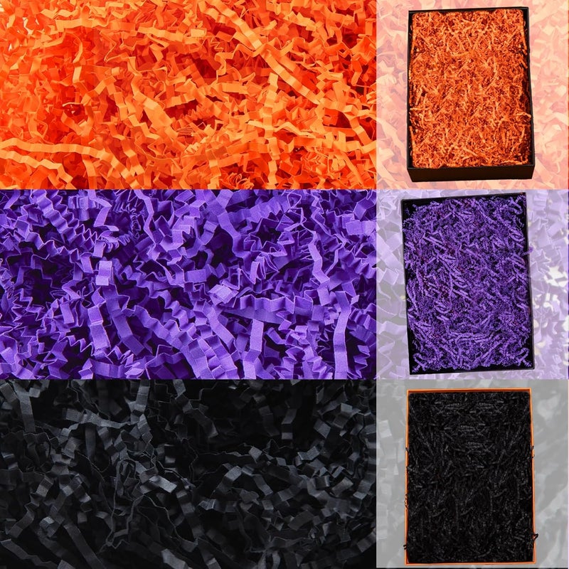 Gloreyan 3 Colors Halloween Crinkle Cut Paper Shred, Black Orange Purple Raffia Paper Sherd Filler Grass for Gift Wrapping Basket Filling Birthdays Weddings Party Supply（10.6 oz） - Image 1